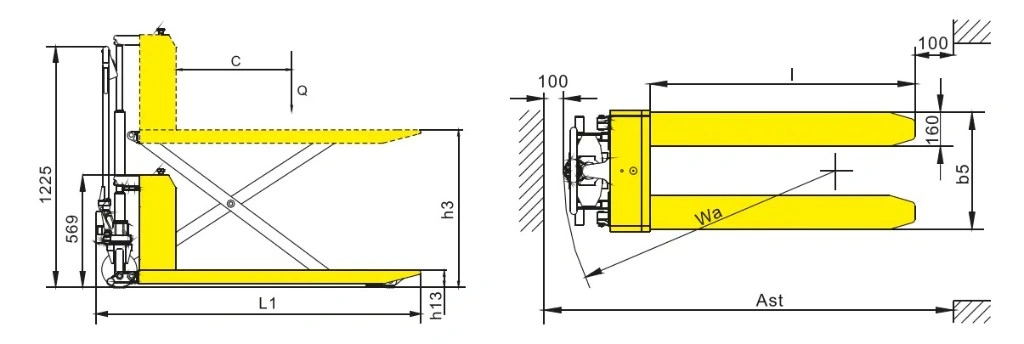PESV8 1000 kg yarı akülü makaslı transpalet ölçü şeması