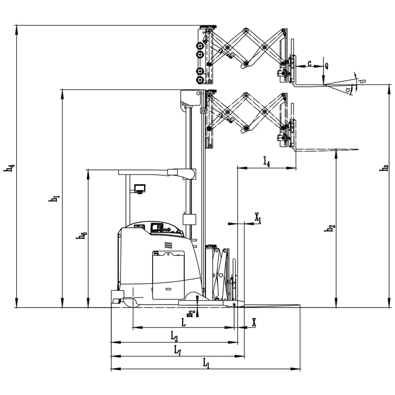 REV20DDS 2000 kg elektrikli reach truck yan görünümü