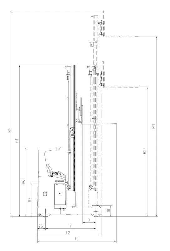 REV20 elektrikli reach truck yan görünüm