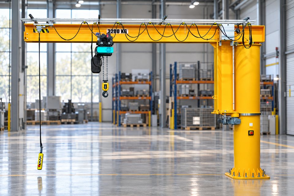 Endüstriyel bir holde elektrikli zincirli caraskal ile donatılmış Comege RSD 360° kolonlu pergel vinç